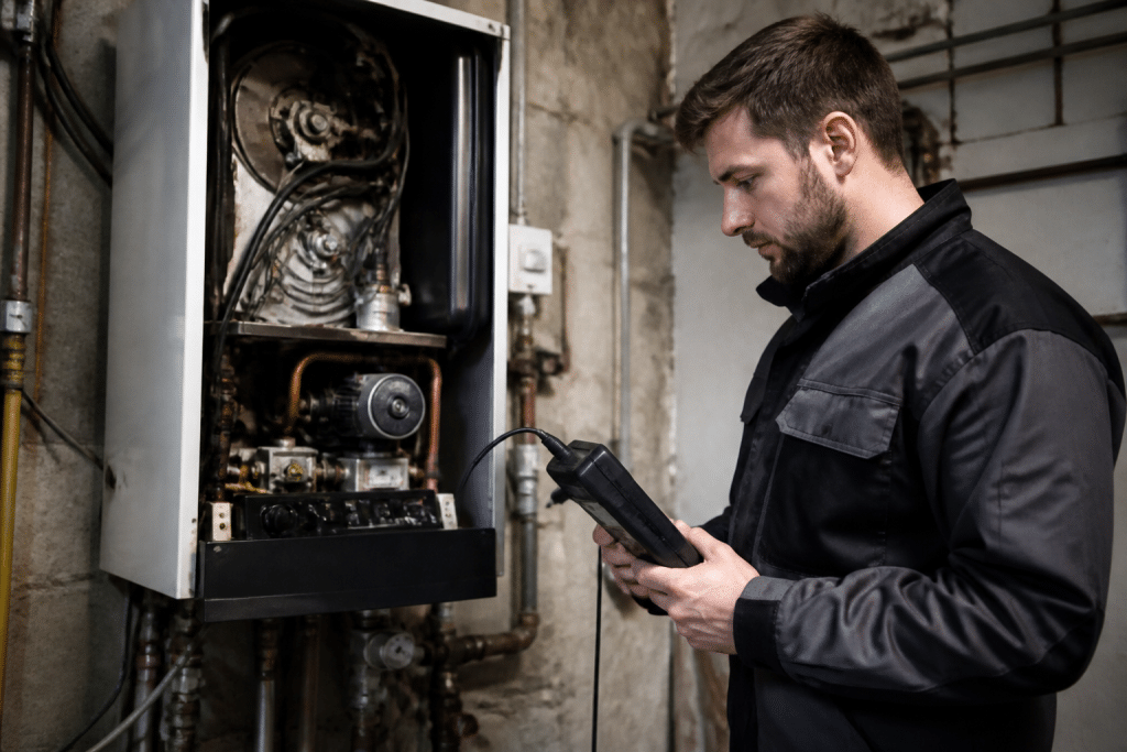 Technicien inspectant chaudière avec outils diagnostic professionnel