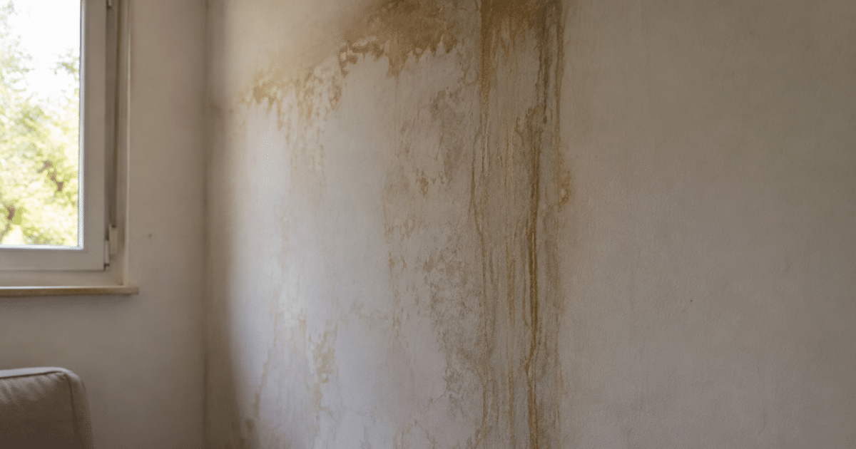 Humidite visible sur mur interieur avec traces d'infiltration descendantes