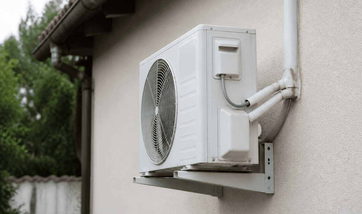 Unite exterieure metallique fixee au mur avec tuyauterie