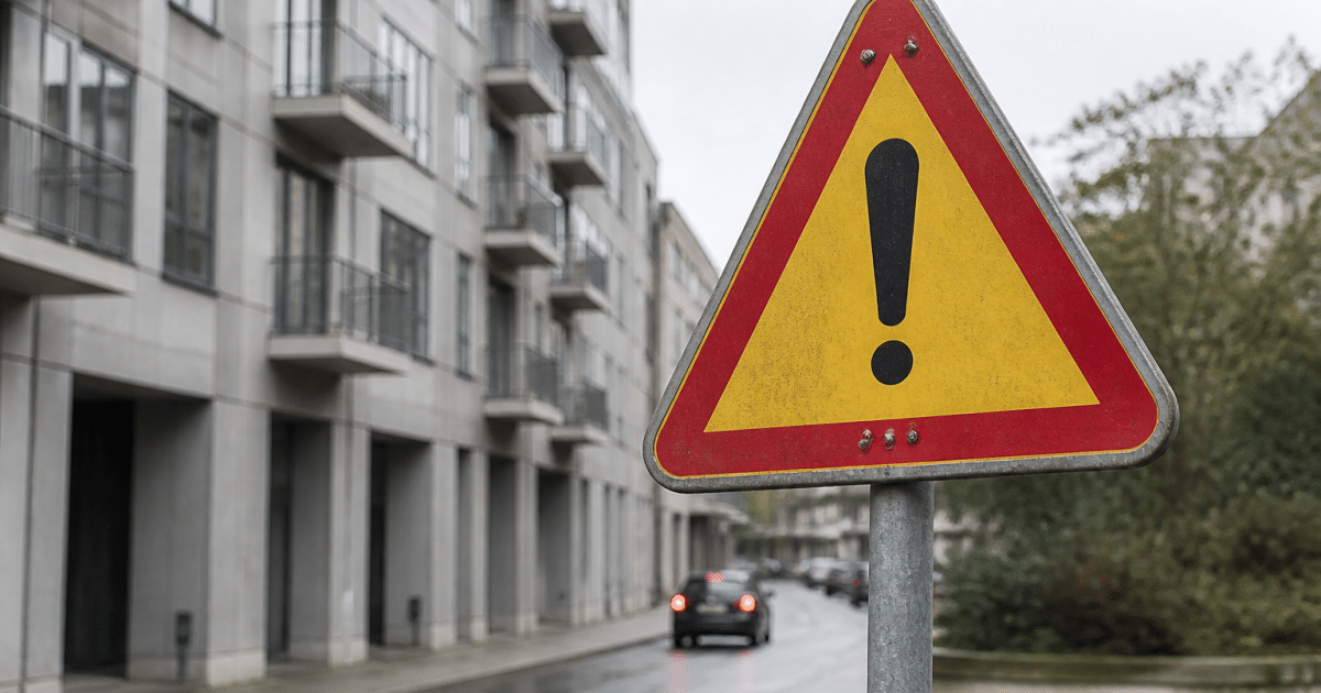 Rue urbaine avec immeubles gris, panneau d'avertissement visible au premier plan