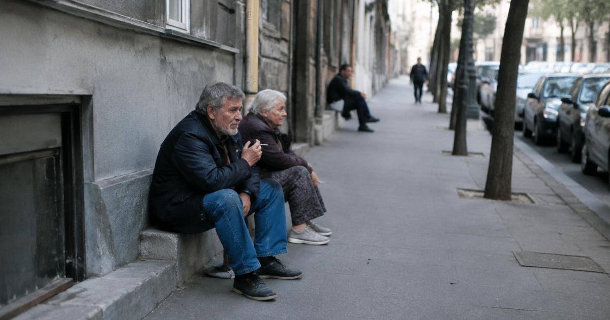 Rue urbaine avec immeubles gris et habitants assis sur trottoir