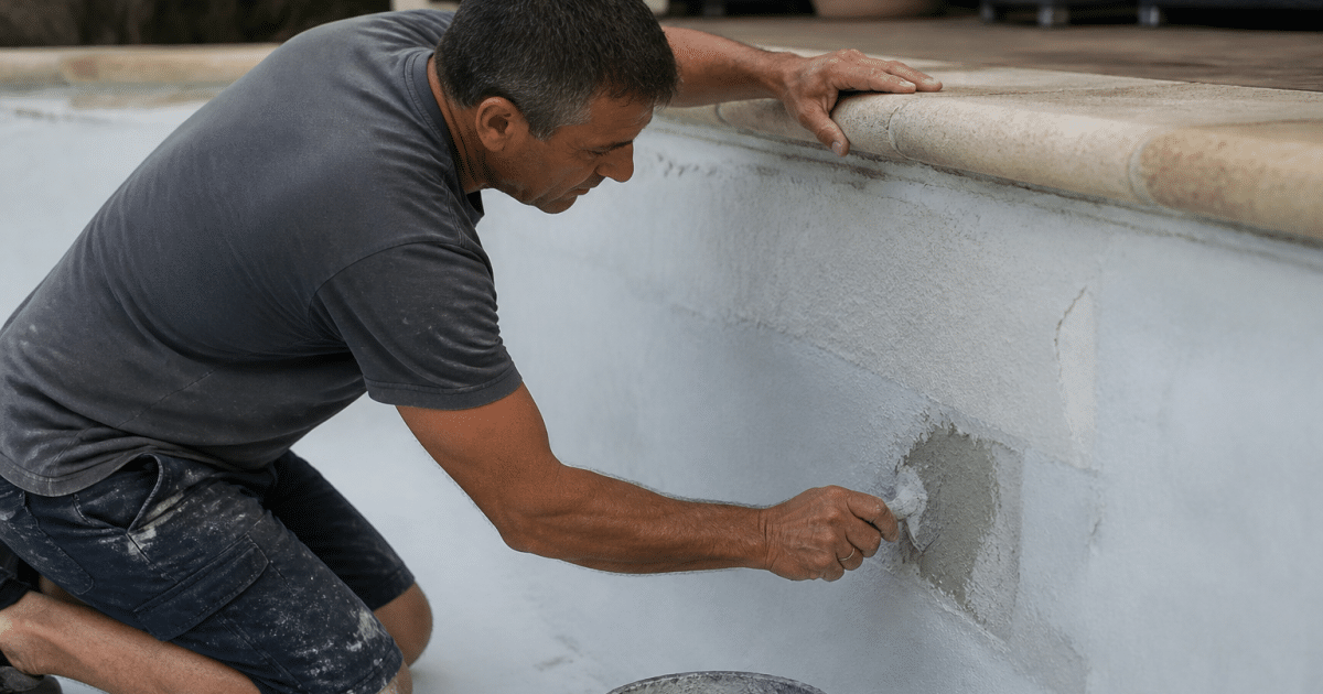 Homme agenouille appliquant produit reparateur sur paroi piscine