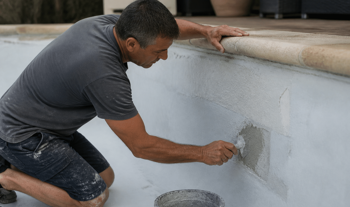 Homme agenouille appliquant produit reparateur sur paroi piscine
