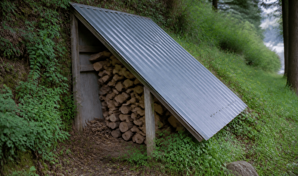 Structure metallique inclinee couvrant petit abri bois
