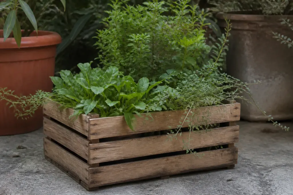 Bac en bois aux lattes rempli de plantes vertes