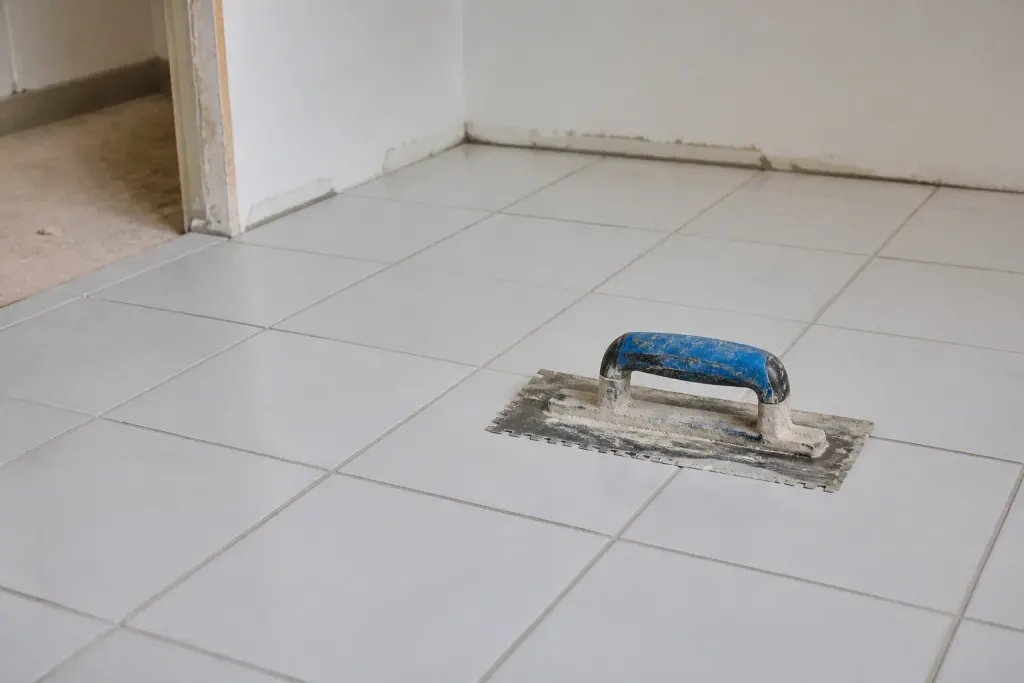 Carreaux blancs neufs avec joints frais et spatule posee
