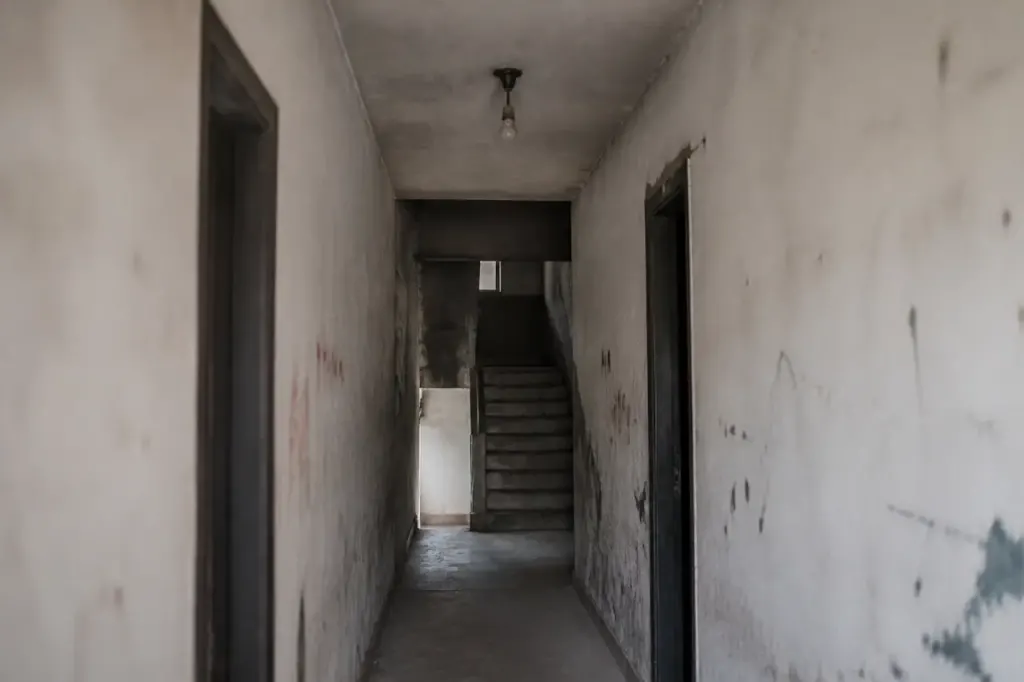 Hall immeuble sombre avec ampoule grillee et murs tagues