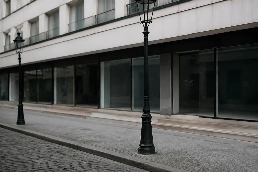 Lampadaires sombres devant vitrines vides et immeuble