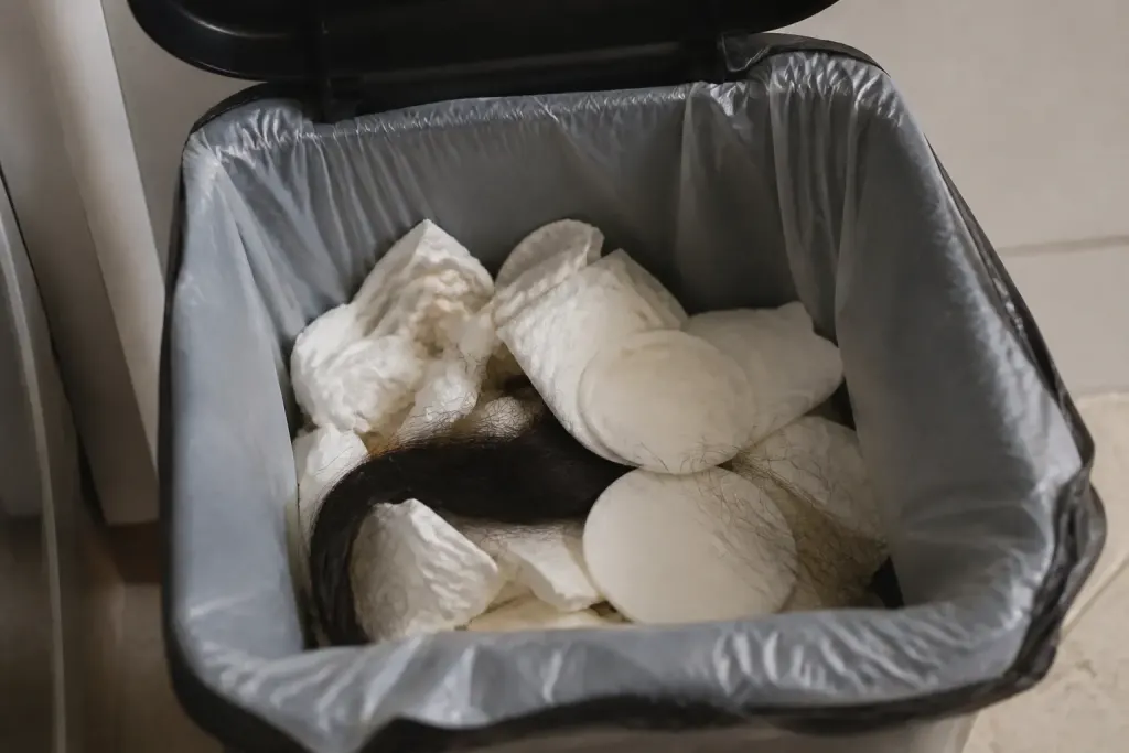 Lingettes cotons protections cheveux dans poubelle