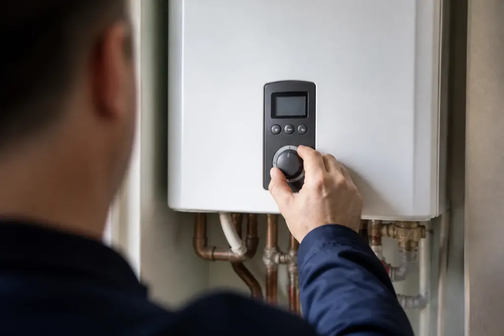 Main reglant le thermostat digital du chauffe eau mural