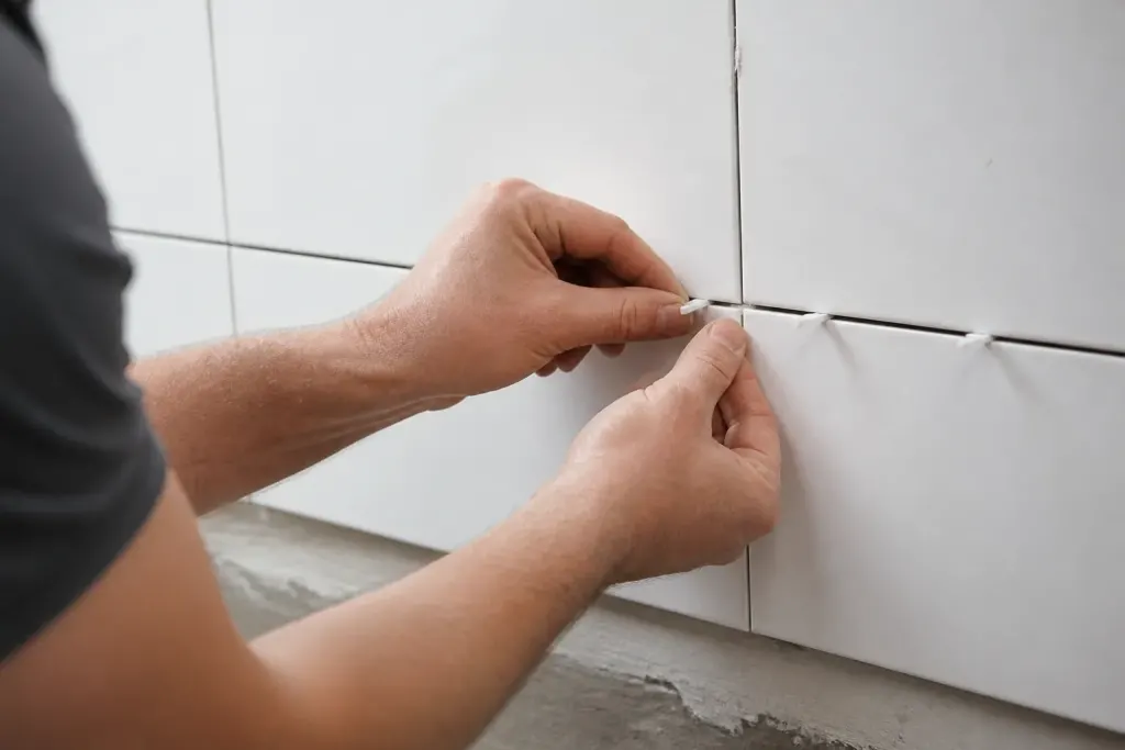 Mains retirant des croisillons plastiques entre carreaux blancs