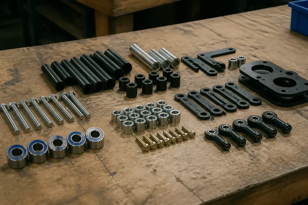 Outils et pieces disposees selon les etapes de montage