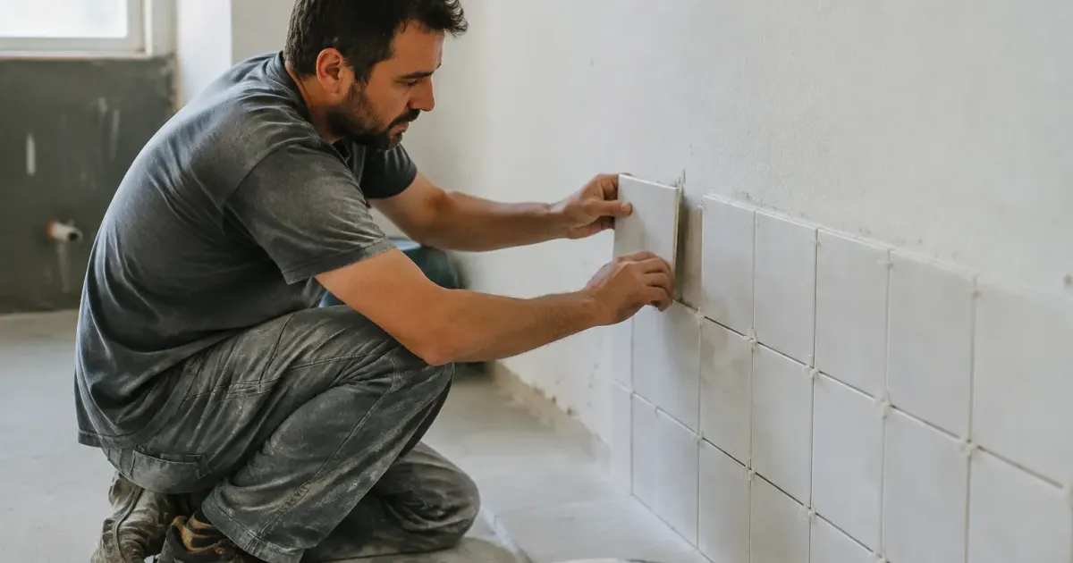 Ouvrier accroupi aligne des carreaux sur un mur blanc