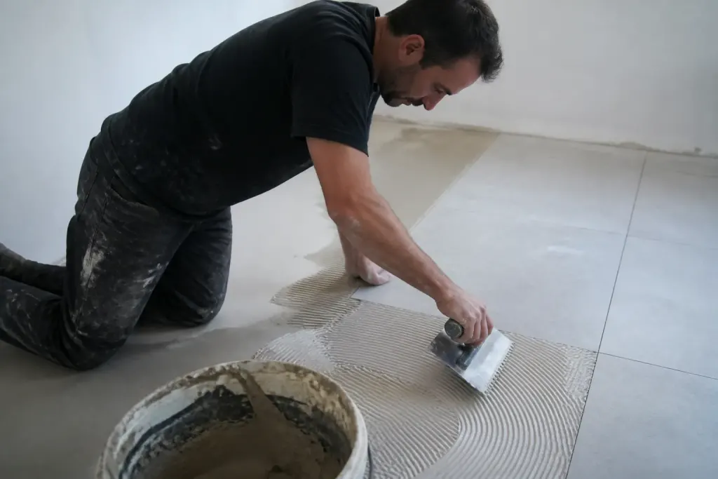 Ouvrier etalant de la colle avec une spatule dentelee