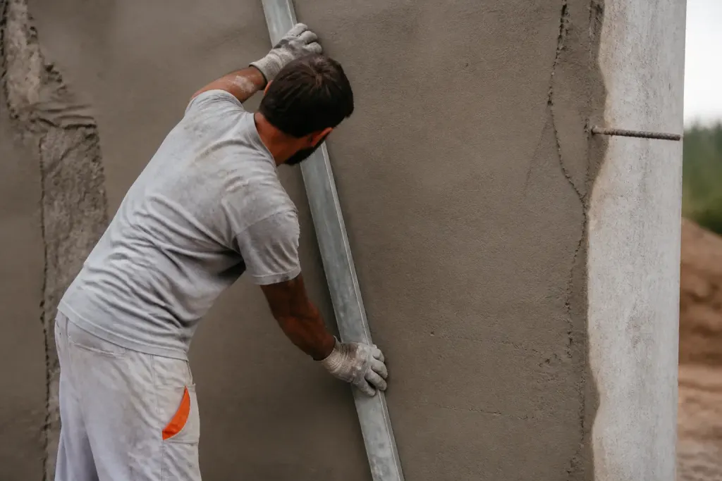 Ouvrier lissant enduit gris sur paroi avec regle aluminium