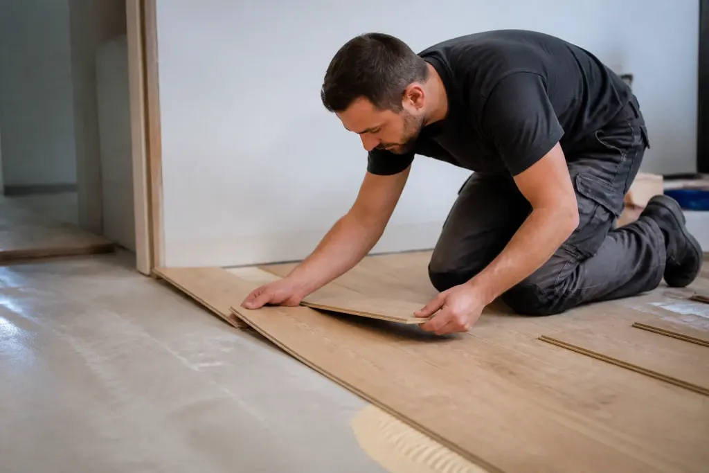 Ouvrier pose des lames de parquet clair au sol