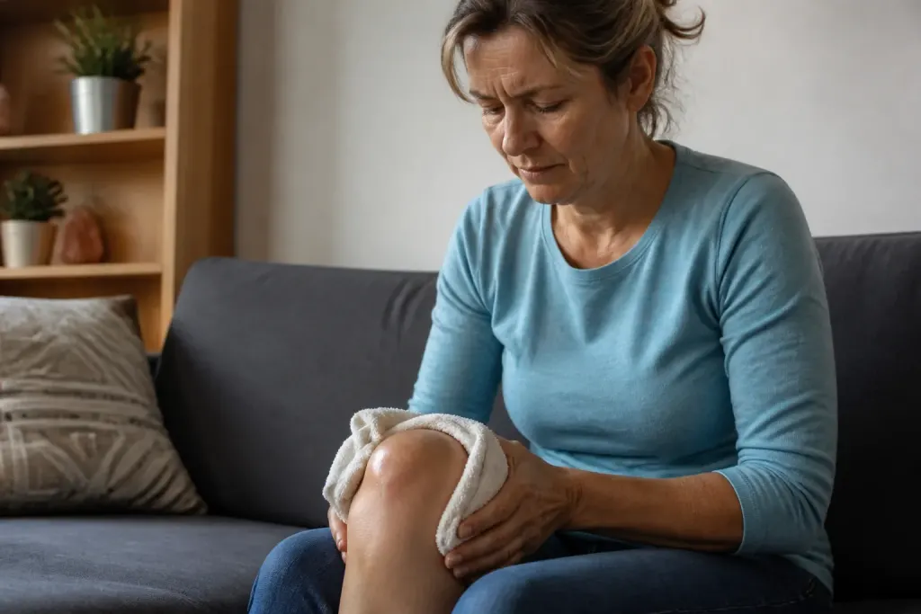 Personne assise tenant son genou gonfle avec une serviette