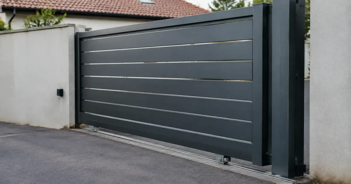 Portail metallique glissant horizontalement sur rails visibles