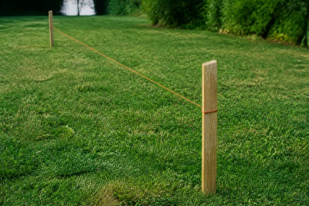 Poteaux en bois et cordeau tendu sur pelouse