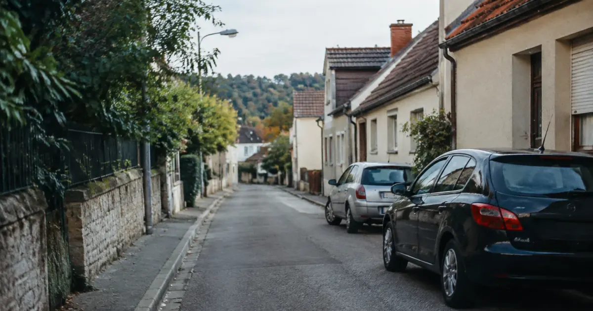 Rue calme bordée de maisons avec voiture garée