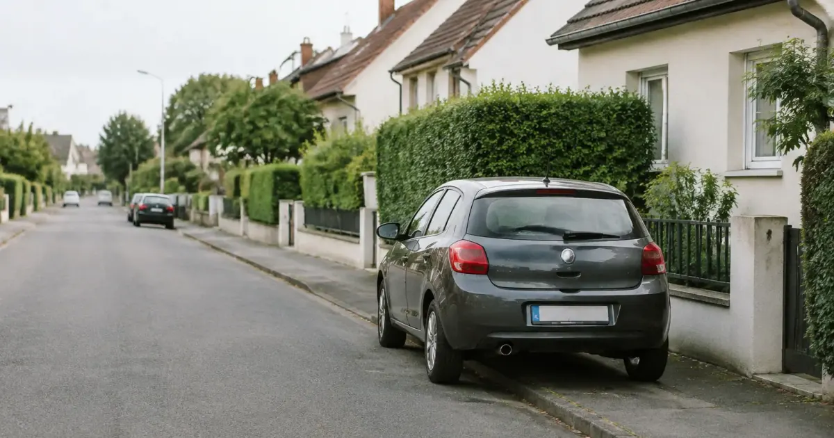 Rue calme bordee de pavillons, voiture garee au trottoir