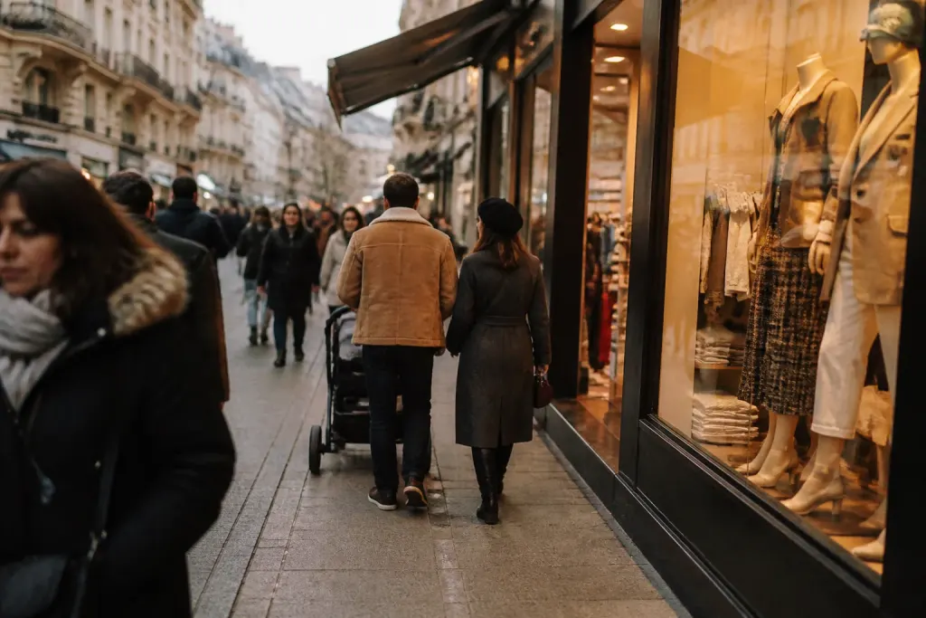 Rue commercante animee avec passants et vitrines allumees