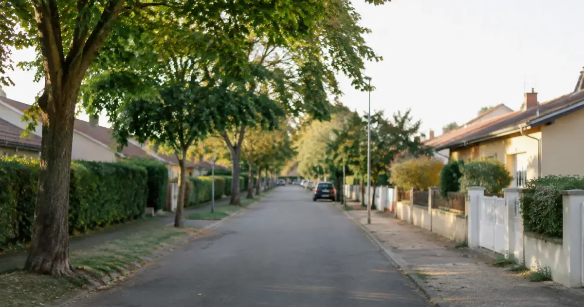 Rue residentielle calme bordee de maisons basses et arbres