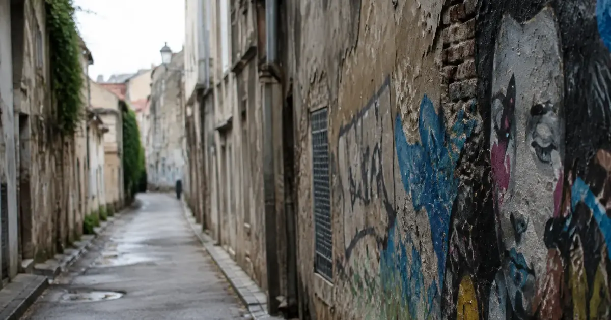 Rues desolees avec murs degrades et graffitis urbains
