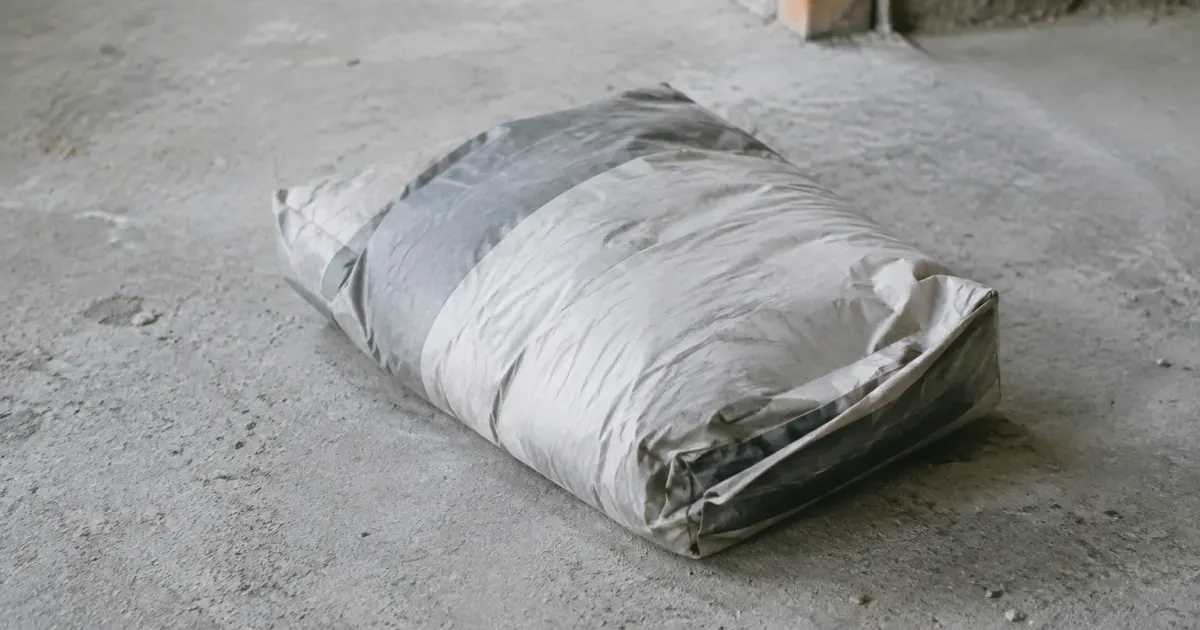 Sac de colle grise pose sur un sol brut