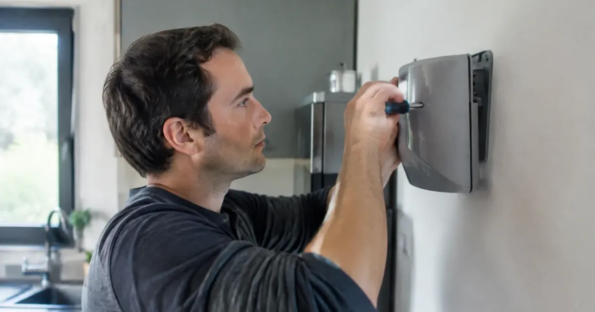 Technicien fixant un appareil mural gris dans une cuisine